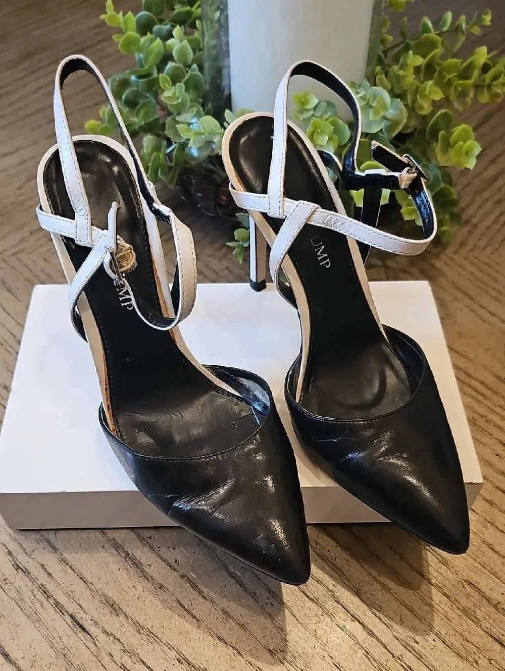 Black and White Pointed-Toe Ankle-Strap Heels Size 6.5 Ivanka Trump